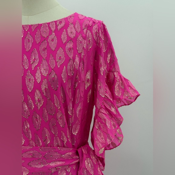 LILLY PULITZER Hot Pink Metallic Foil Wrap Dress Ruffle Hem Cocktail Dress - Picture 9 of 17